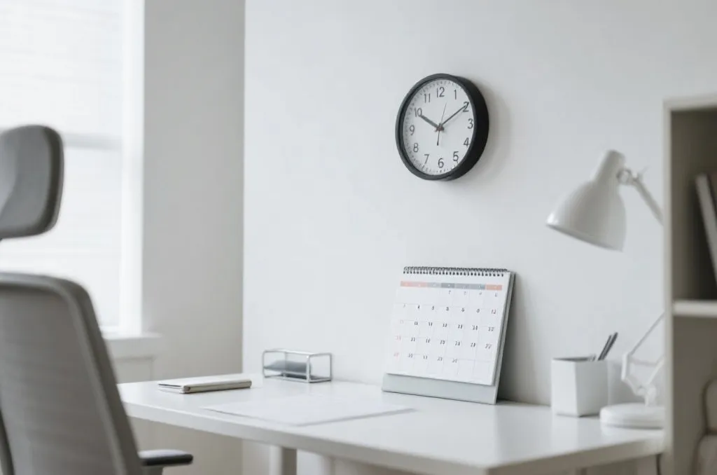 A sleek administrative calendar and clock on a clean modern office desk