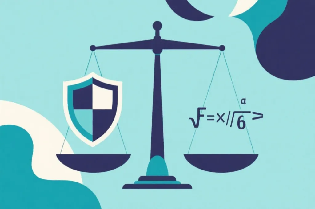 Abstract graphic showing a balanced scale with a shield on one side and a mathematical function on the other